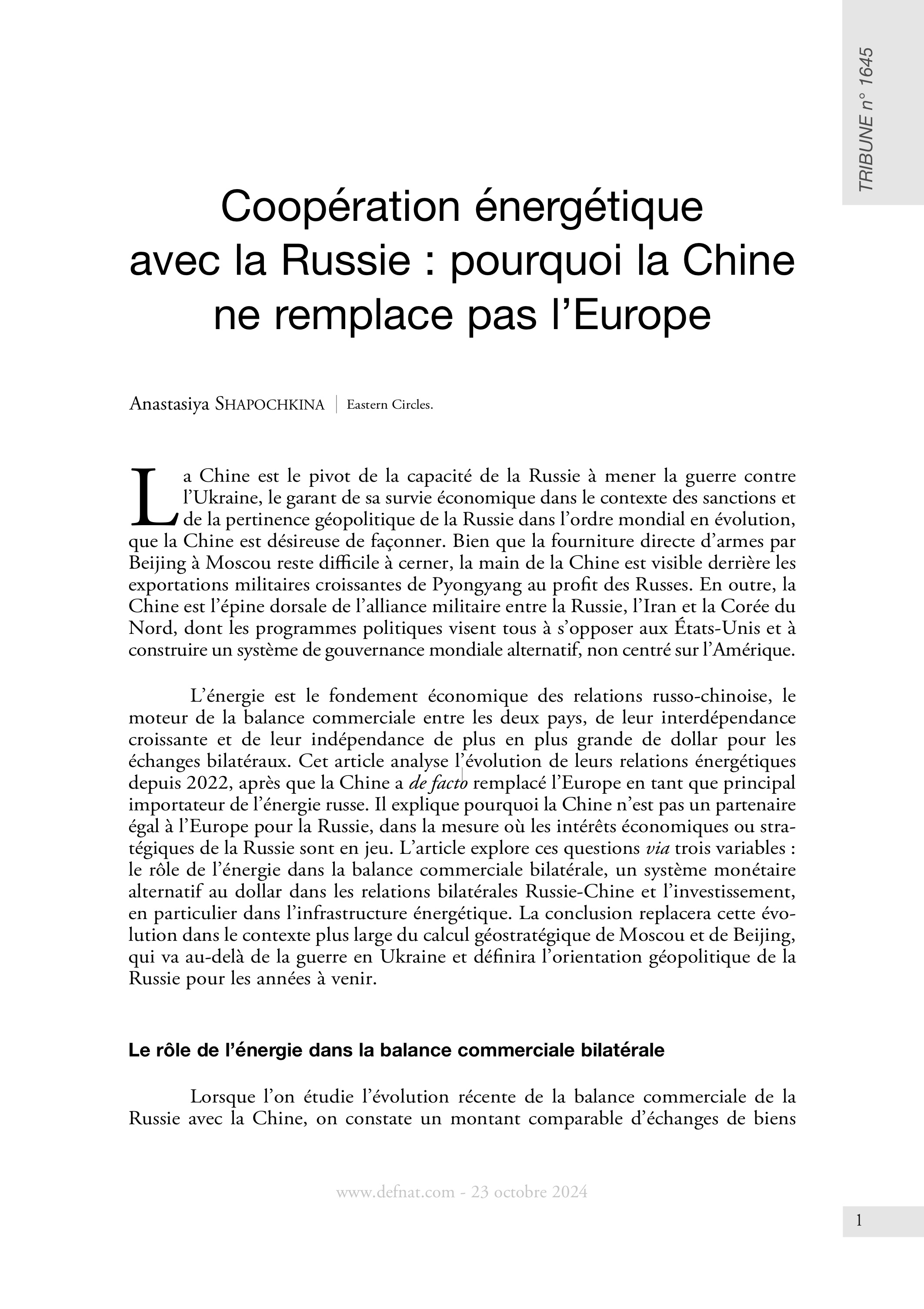 Coopération énergétique avec la Russie : pourquoi la Chine ne remplace pas l’Europe (T 1645)
